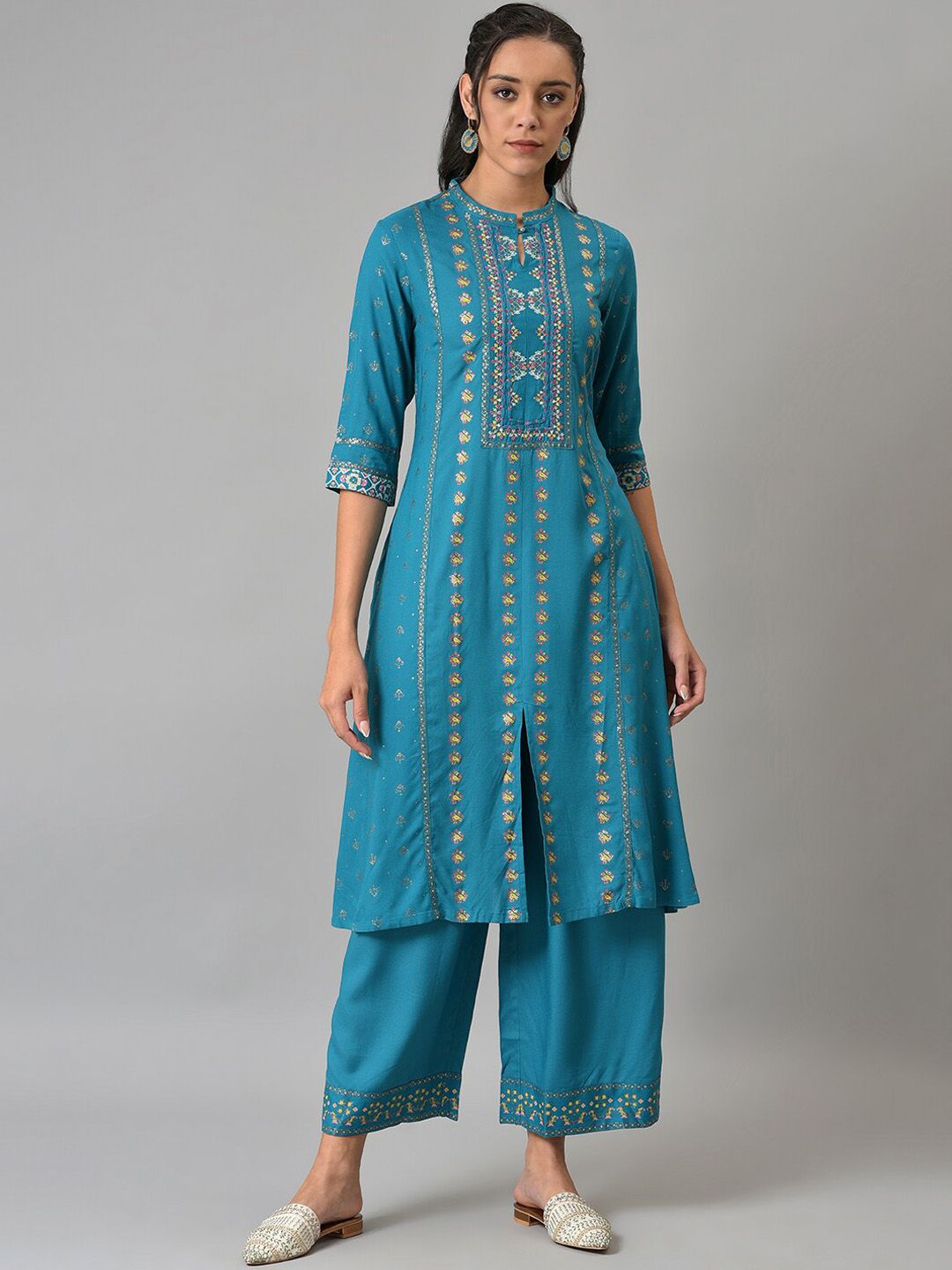 W Women Geometric Printed Panelled Kurta with Palazzos
