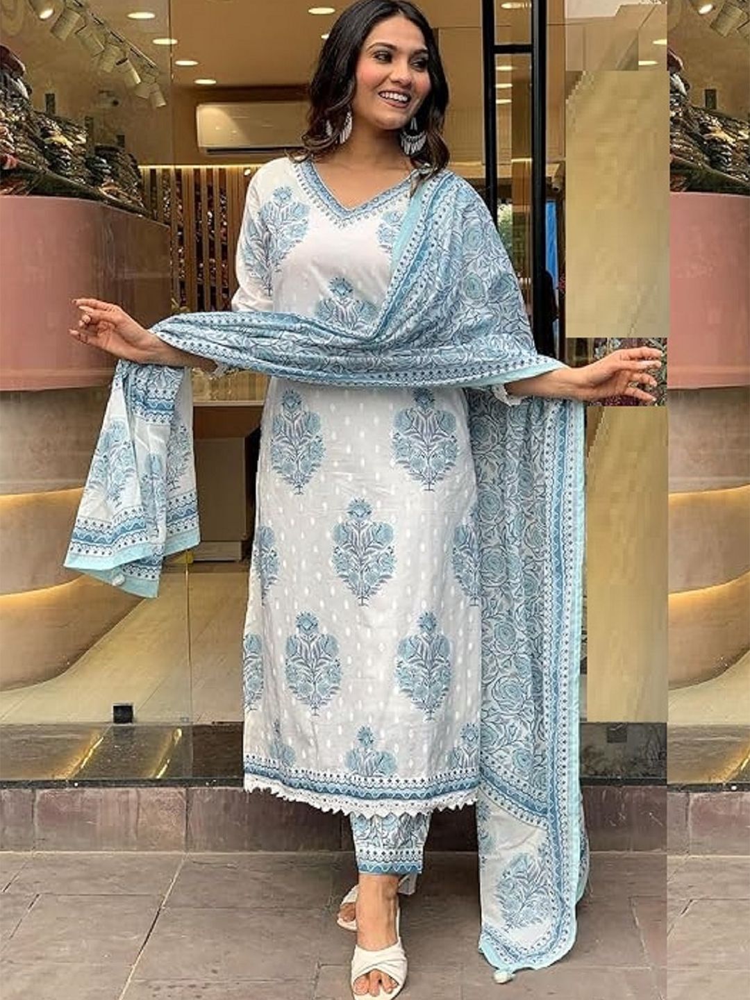 KALINI Floral Printed V-Neck Straight Kurta With Trousers And Dupatta