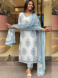 KALINI Floral Printed V-Neck Straight Kurta With Trousers And Dupatta