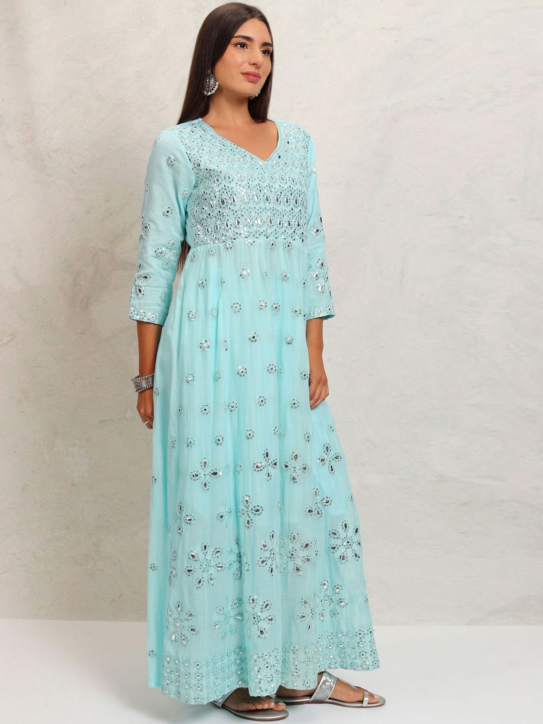 Vishudh Blue Embroidered Mirror Work Pure Cotton Anarkali Kurta With Trousers & Dupatta