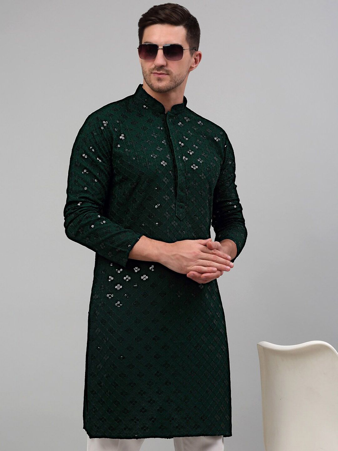 Jompers Mandarin Collar Embroidered Chikankari Straight Kurta With Pyjamas