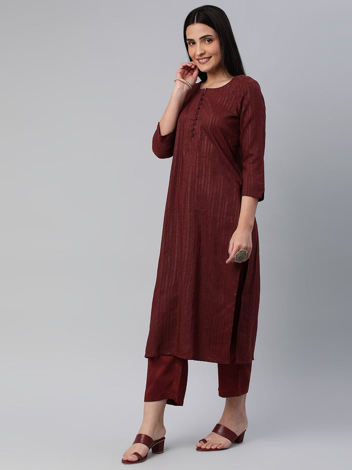 KALINI Striped Round Neck Straight Kurta With Trousers