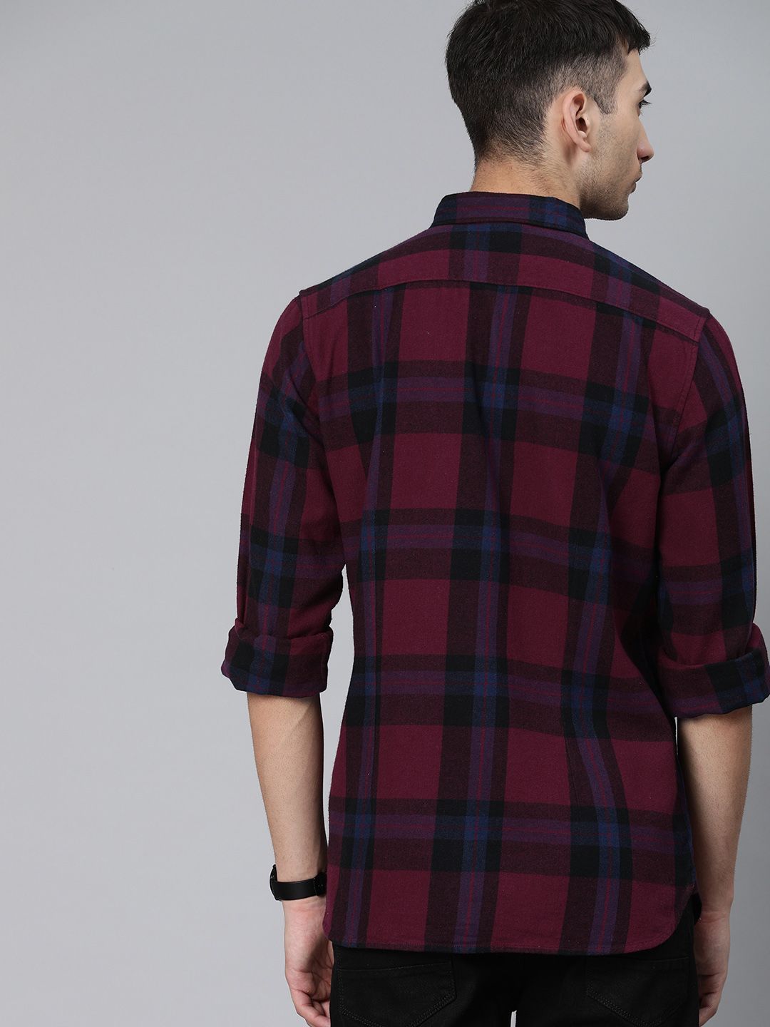THE BEAR HOUSE Men Maroon & Navy Blue Slim Fit Checked Flannel Casual Shirt