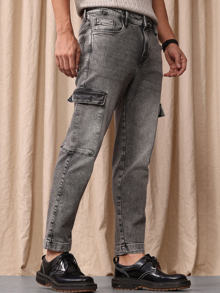 Mr Bowerbird Men Tapered Fit Mid-Rise Heavy Fade Cropped Stretchable Cargo Styles Jeans