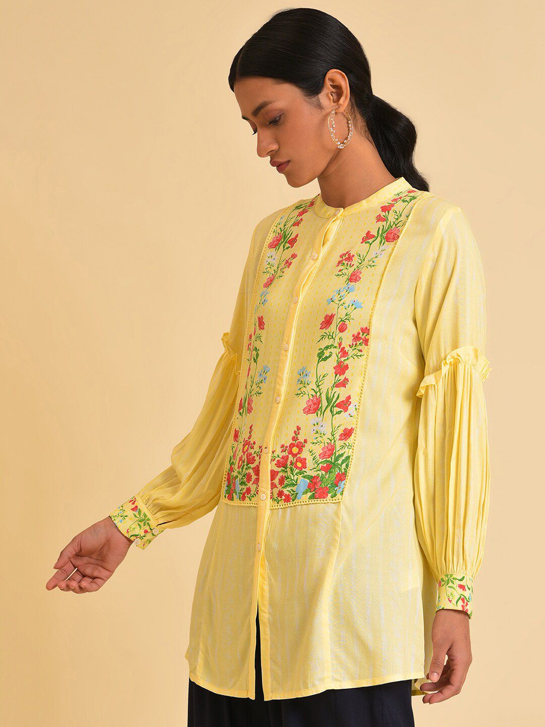 W Yellow & Red Floral Printed Mandarin Collar Shirt Style Longline Top