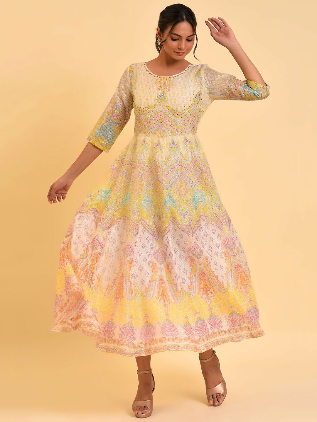 W Off White Ethnic Motifs Printed Fit & Flare Midi Dress