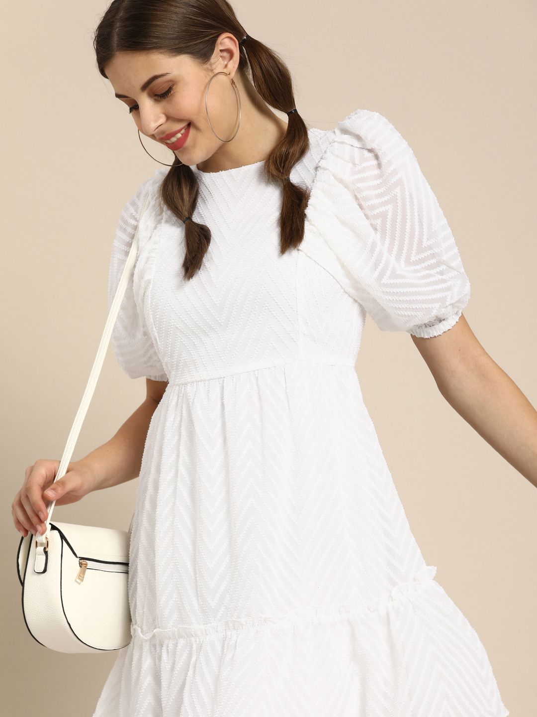 Athena Glorious White Self Design Fit and Flare Dress
