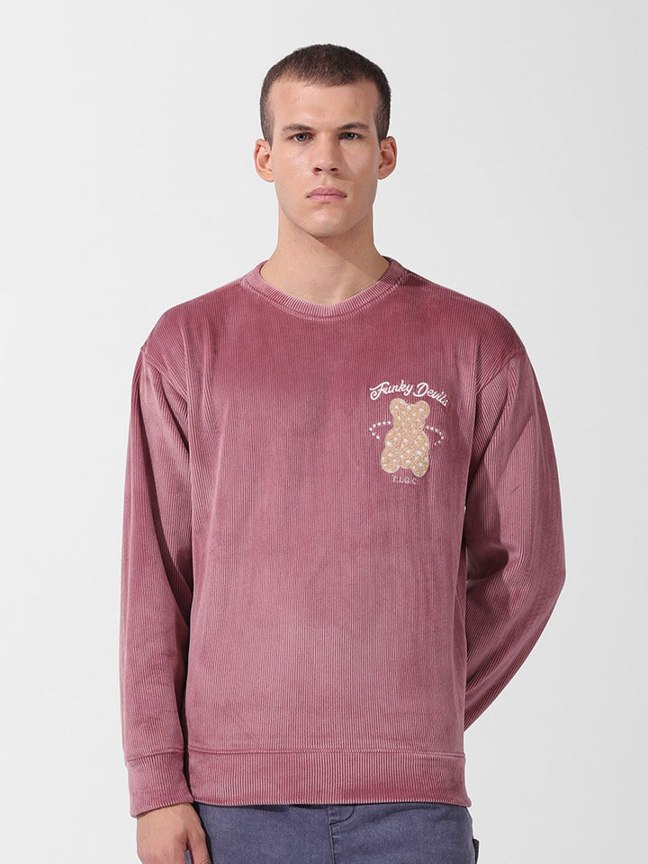 The Indian Garage Co Men Oversized Self Design Corduroy Crew Neck Sweatshirt