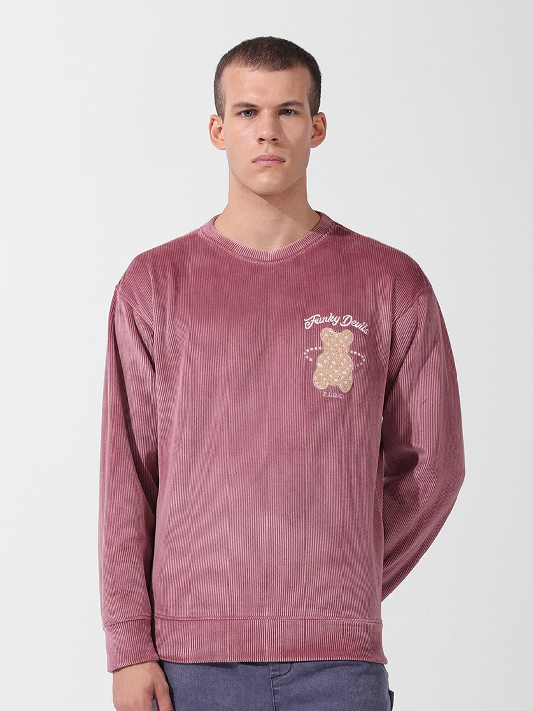 The Indian Garage Co Men Oversized Self Design Corduroy Crew Neck Sweatshirt