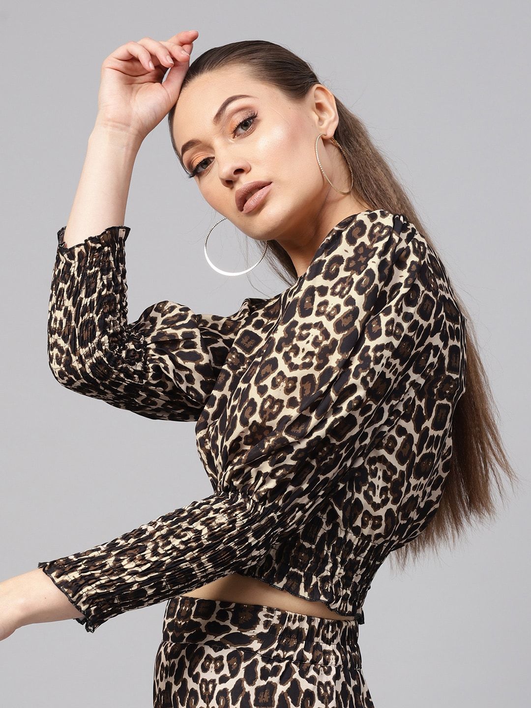 SASSAFRAS Black & Beige Animal Print Crop Blouson Top