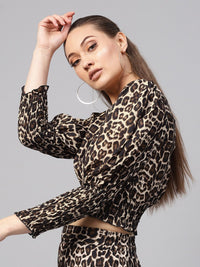 SASSAFRAS Black & Beige Animal Print Crop Blouson Top
