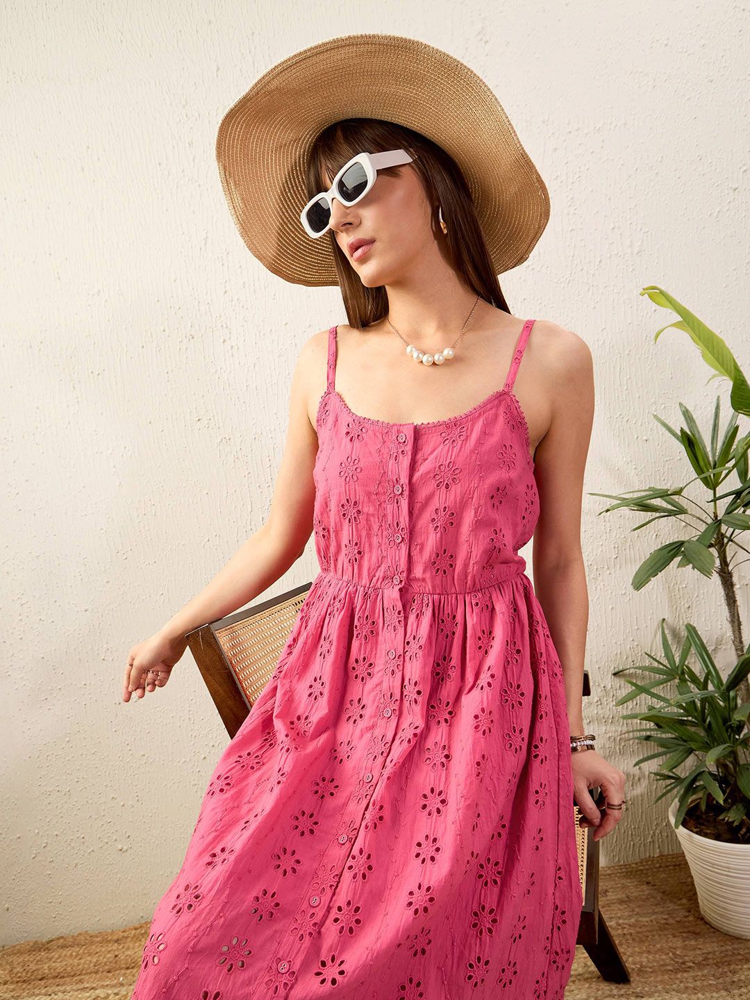 SASSAFRAS Pink Self Design Pure Cotton Fit & Flare Midi Dress