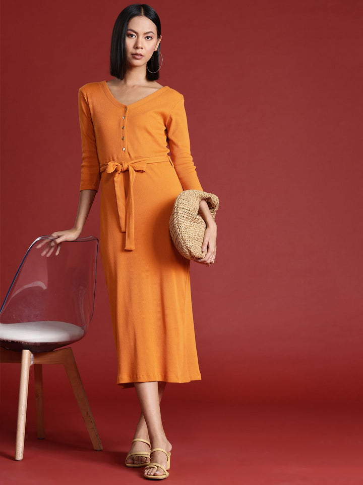 all about you Pure Cotton Ribbed Midi Dress with Belt