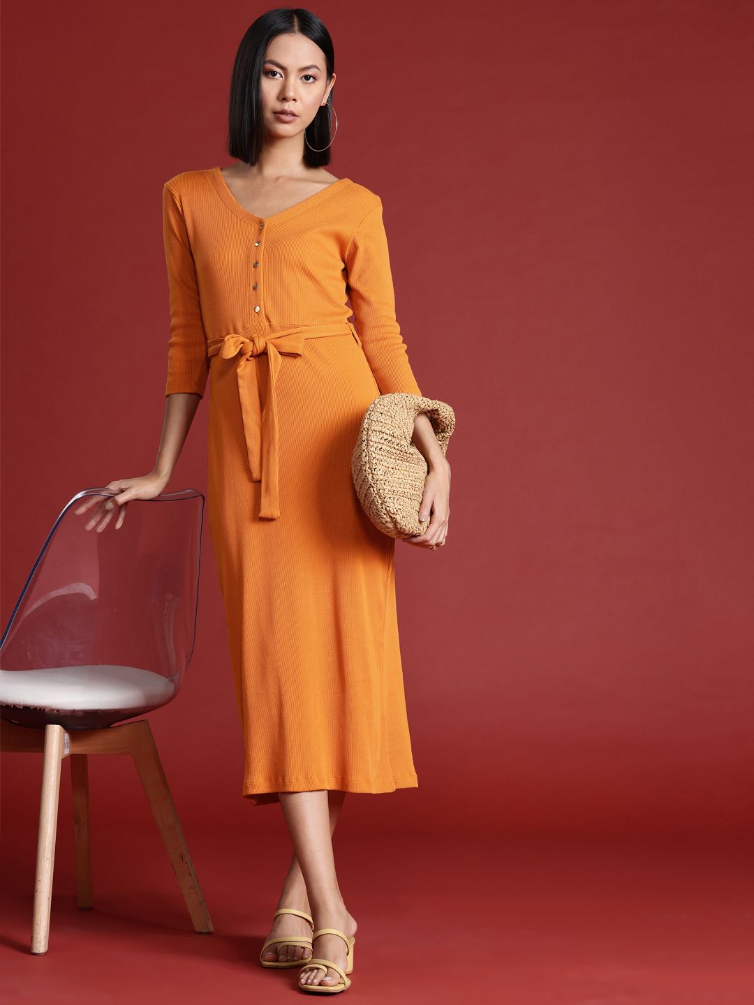all about you Pure Cotton Ribbed Midi Dress with Belt