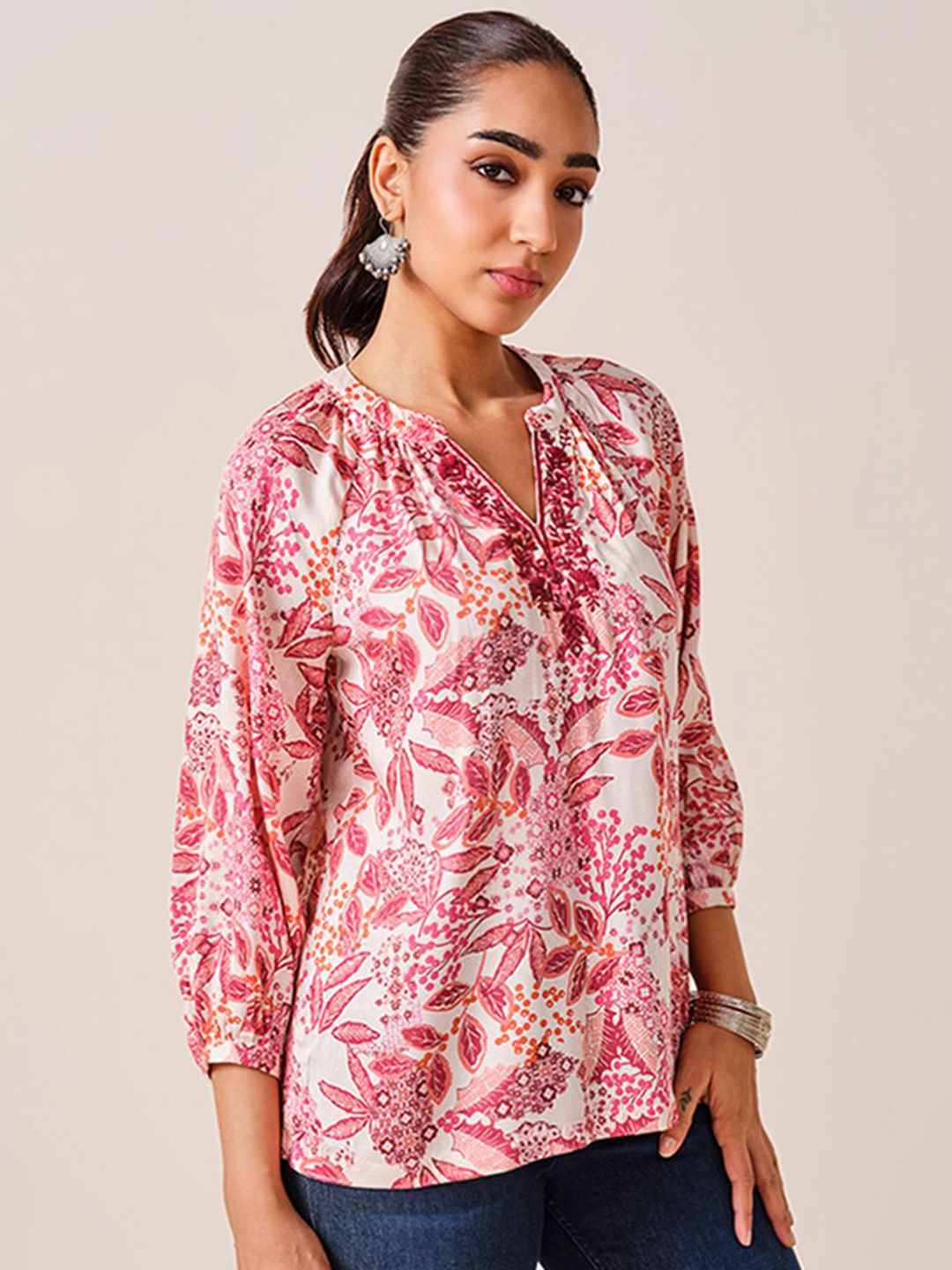 Global Desi Floral Printed Mandarin Collar Top