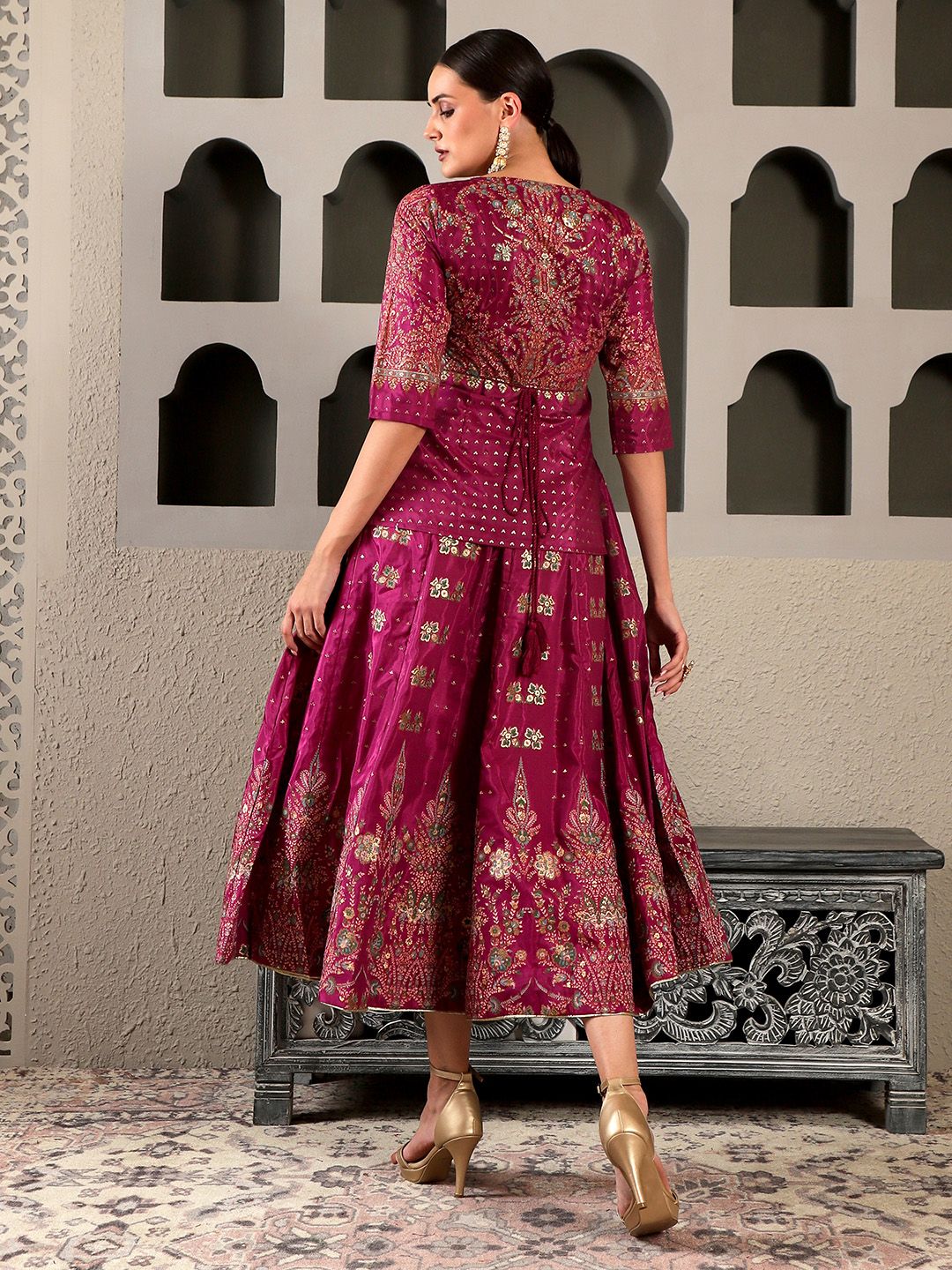 W Maroon & Gold-Toned Ethnic Motifs Ethnic Maxi Maxi Dress