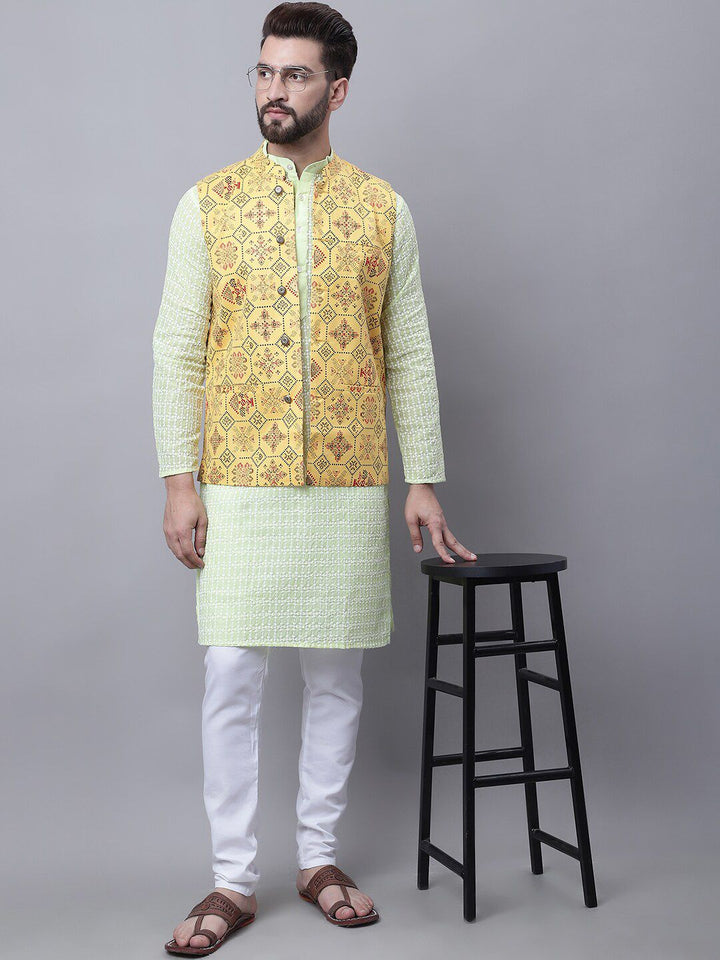 SOJANYA Men Floral Embroidered Pure Cotton Kurta With Pyjamas & Nehru Jacket