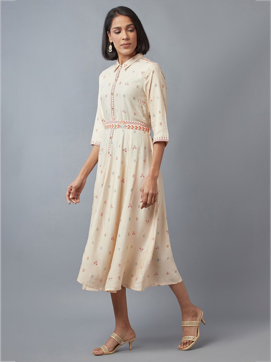 W White Ethnic Motifs Shirt Midi A-Line Dress