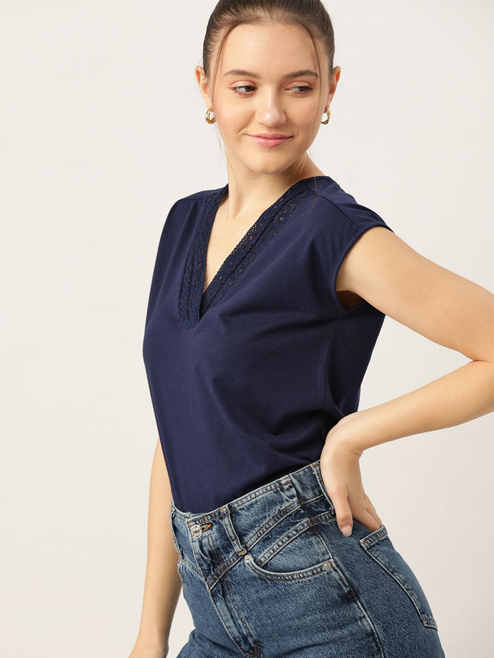 DressBerry Navy Blue Extended Sleeves Lace Regular Top