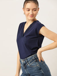 DressBerry Navy Blue Extended Sleeves Lace Regular Top