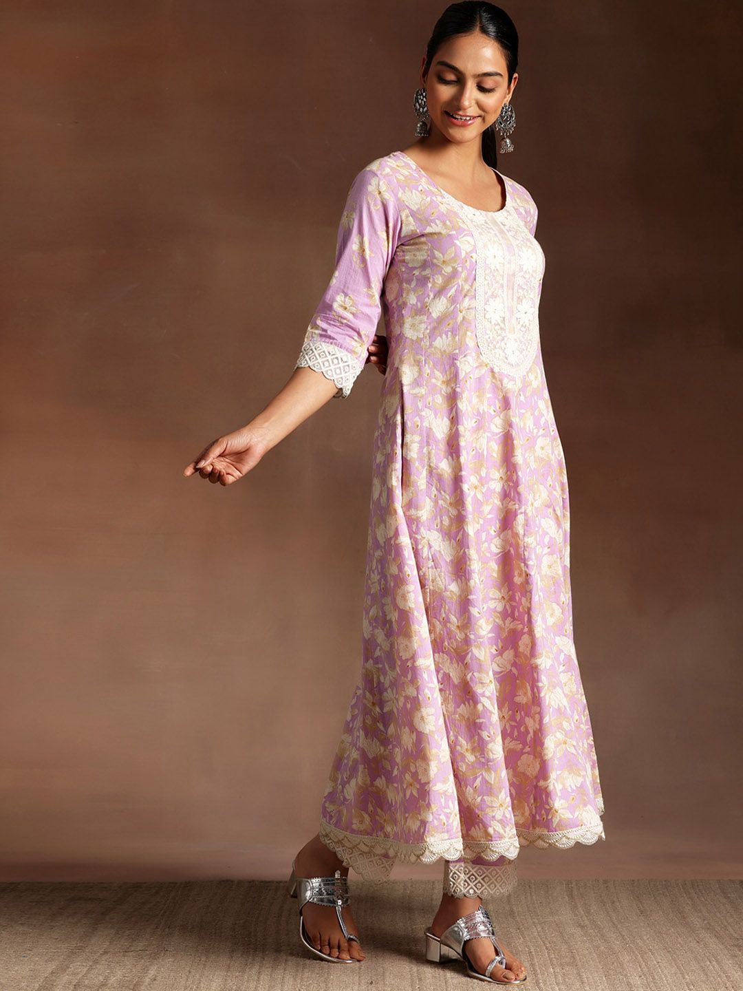 Libas Floral Printed Panelled Thread Work Pure Cotton A-Line Kurta With Trousers & Dupatta