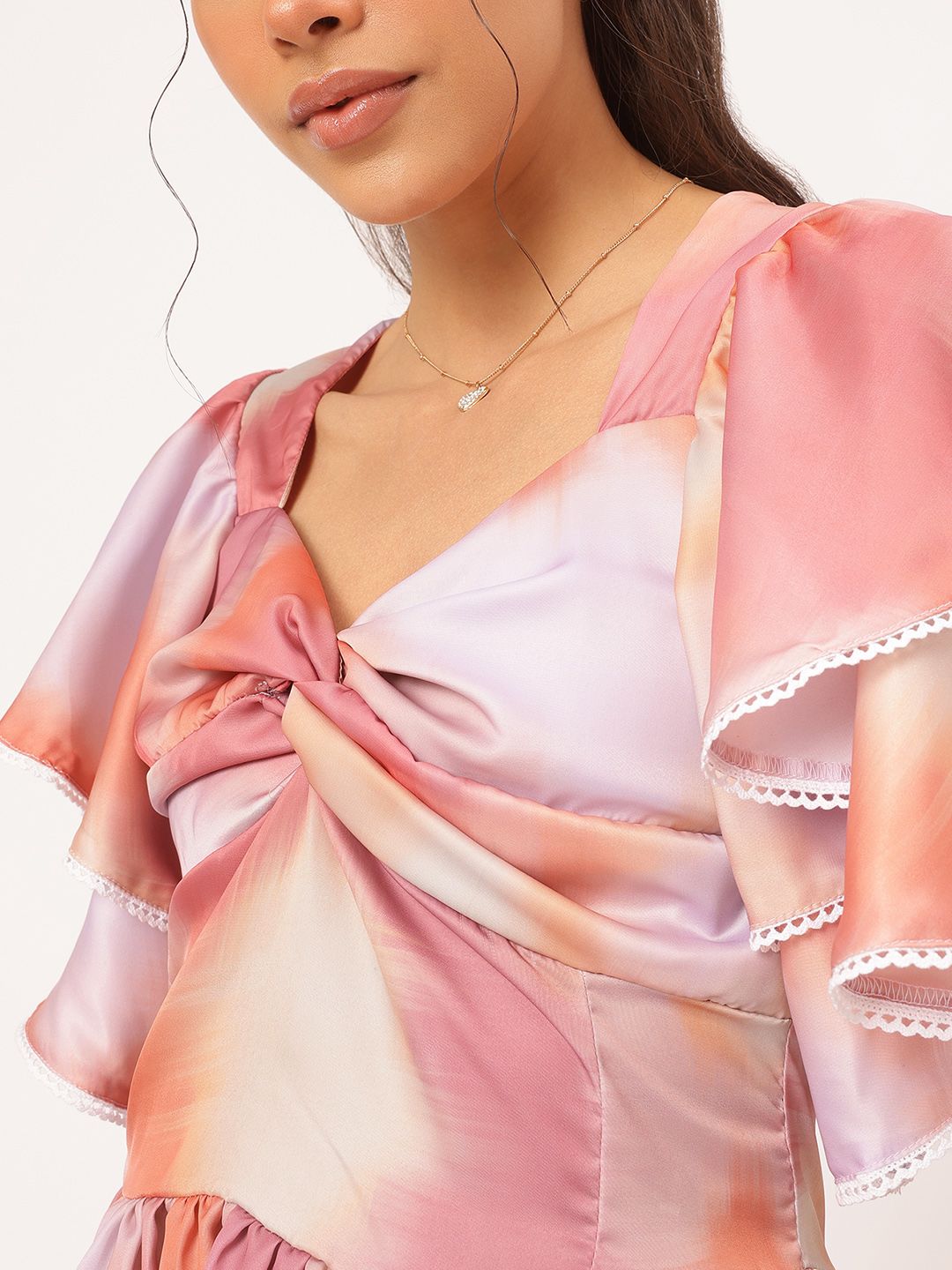 DressBerry Rainbow Radiance Printed Twisted Flutter Sleeves Peplum Top