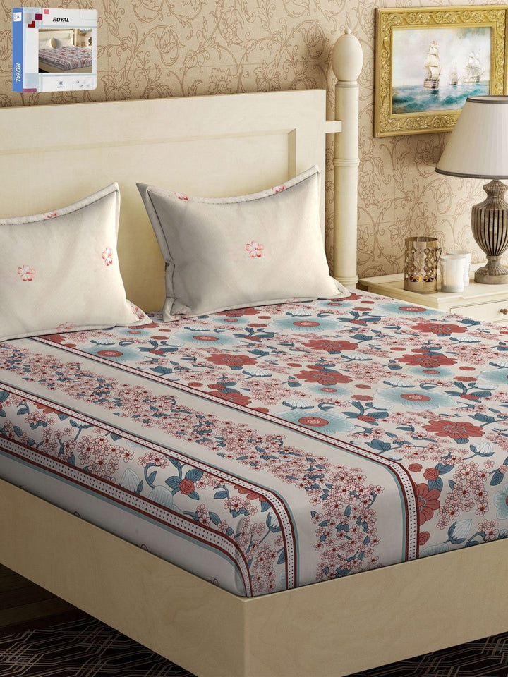 KLOTTHE White & Brown Floral Printed 300 TC King Double Bedsheet With 2 Pillow Covers