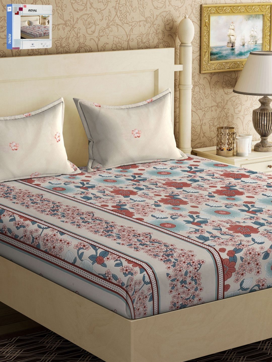 KLOTTHE White & Brown Floral Printed 300 TC King Double Bedsheet With 2 Pillow Covers
