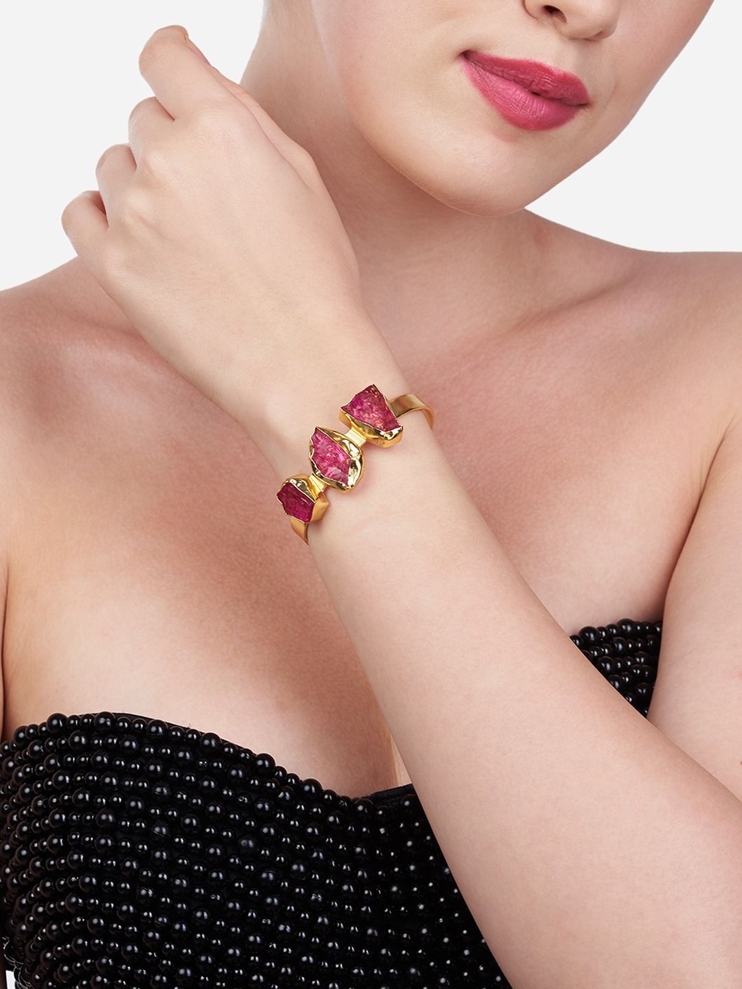 Zaveri Pearls Pink Brass Gold-Plated Cuff Bracelet