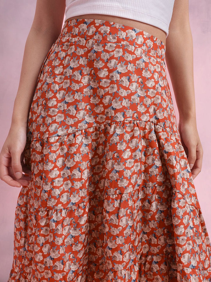DressBerry Floral Print Tiered Flared Midi Skirt