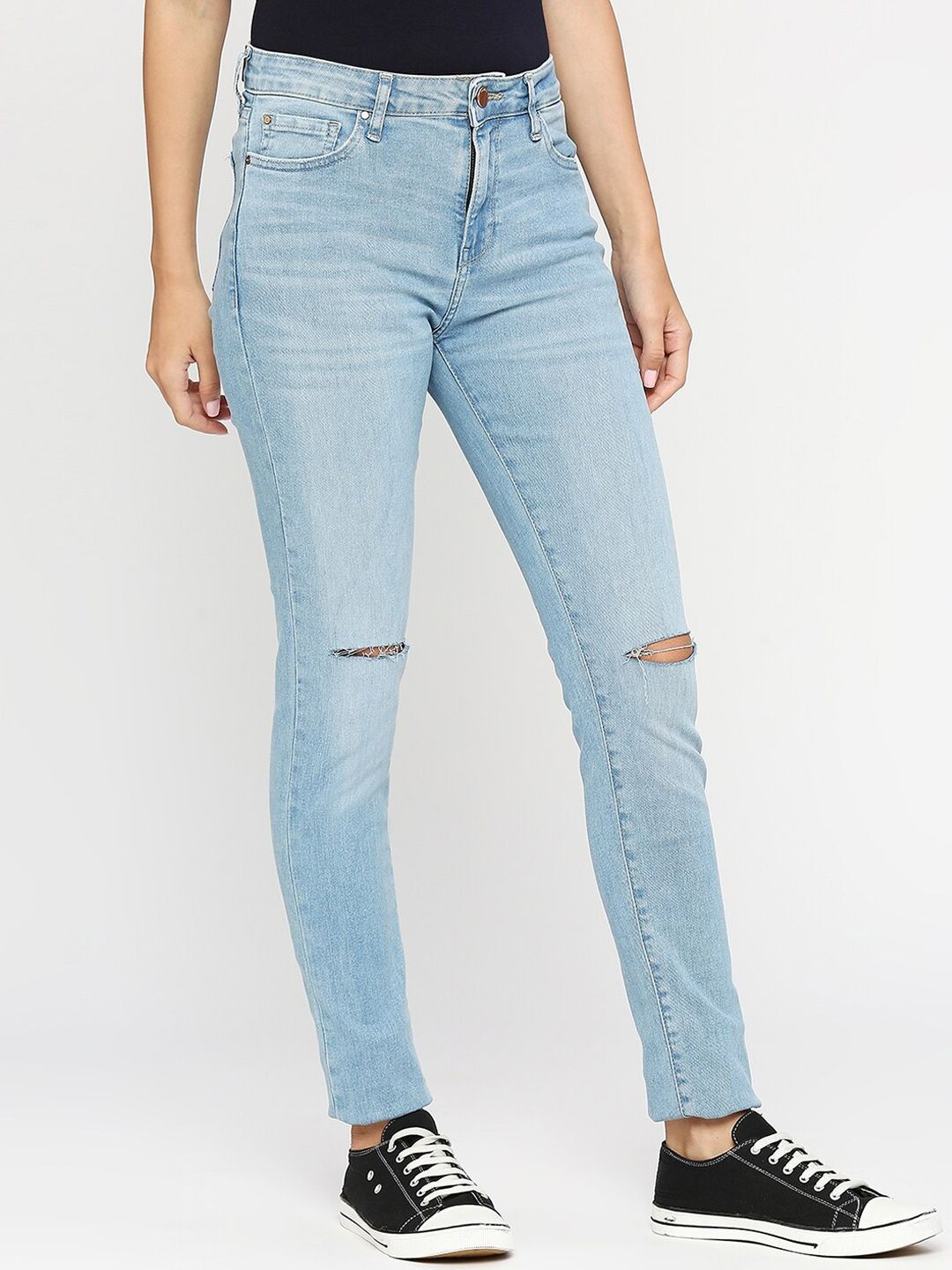 SPYKAR Women Mid-Rise Light Shade Light Fade Slash Knee Ripped Adora Non Stretchable Jeans - Skinny Fit