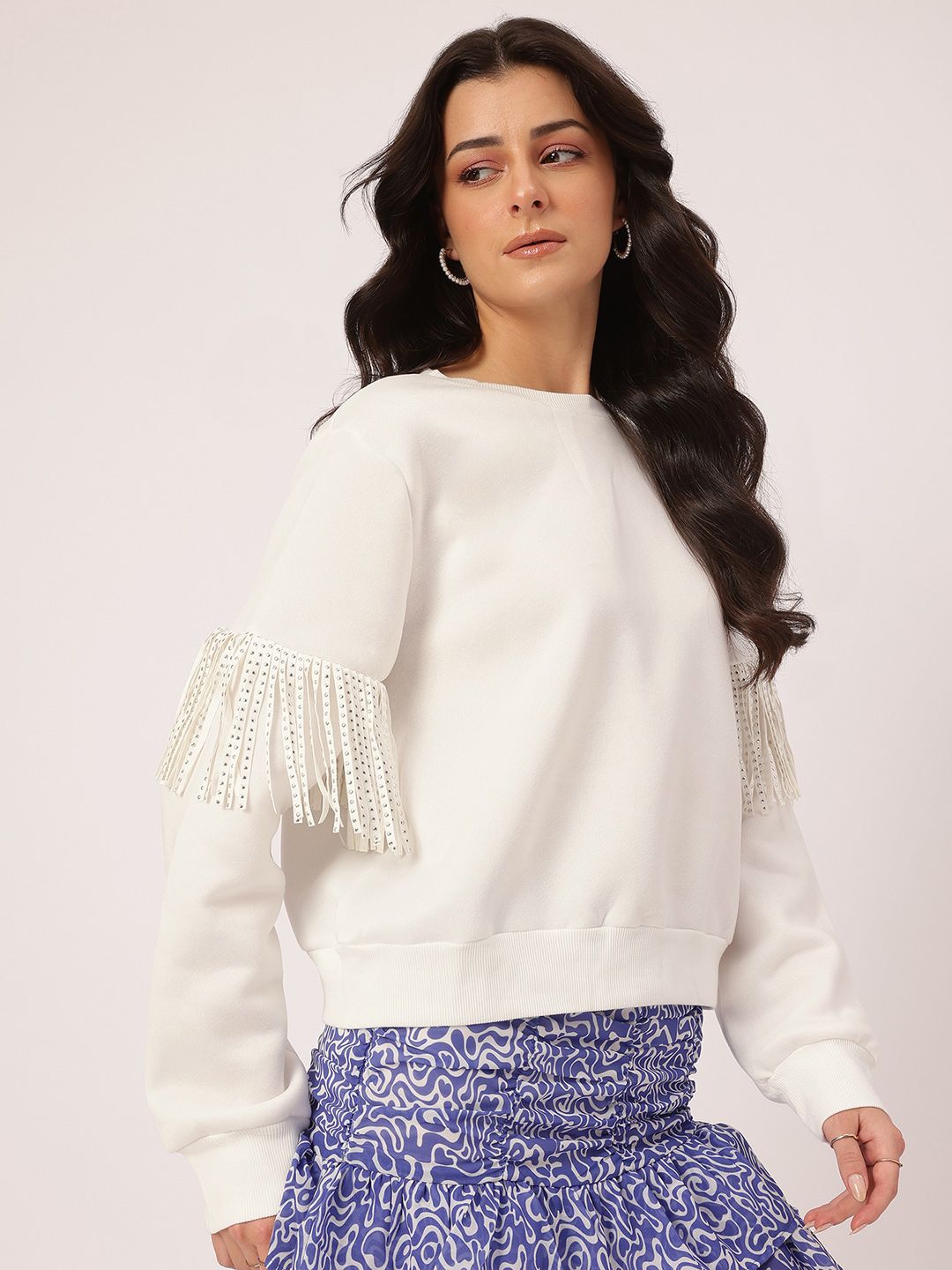 DressBerry Eclectic Ensemble Studded Fringed Sweatshirt