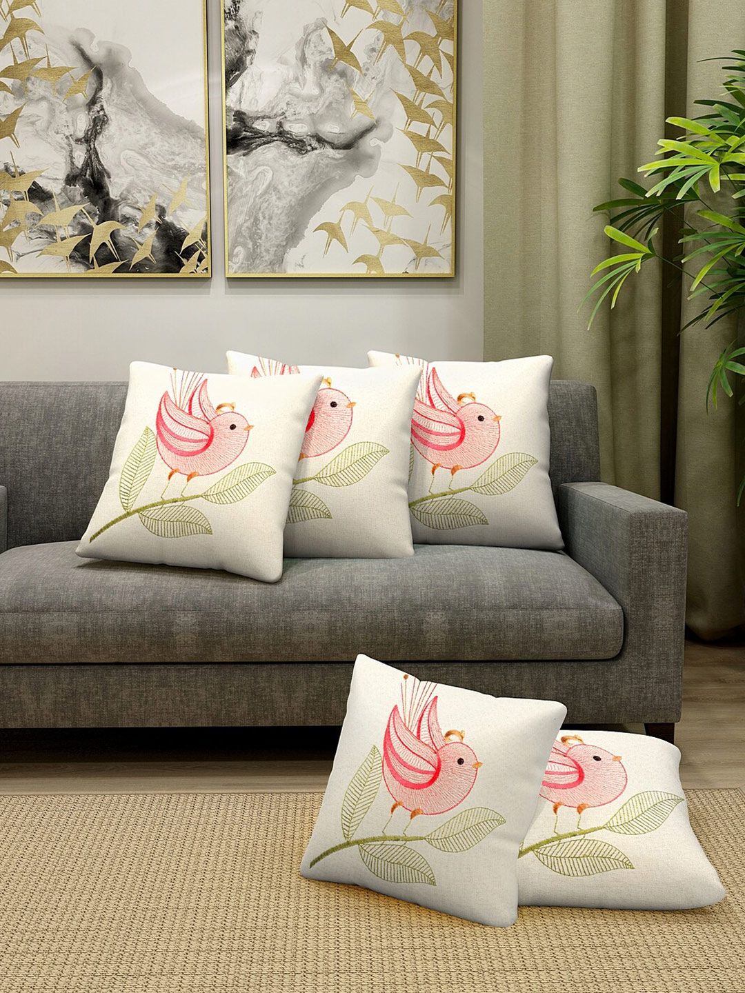 KLOTTHE Off White & Pink Set of 5 Embroidered Square Cushion Covers