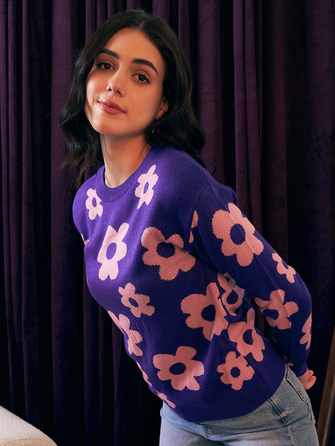 Berrylush Purple Floral Printed Pullover