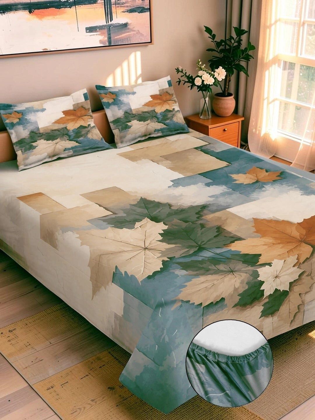 Moda Rapido X KLOTTHE Beige & Green Geometric 400 TC King Bedsheet with 2 Pillow Covers