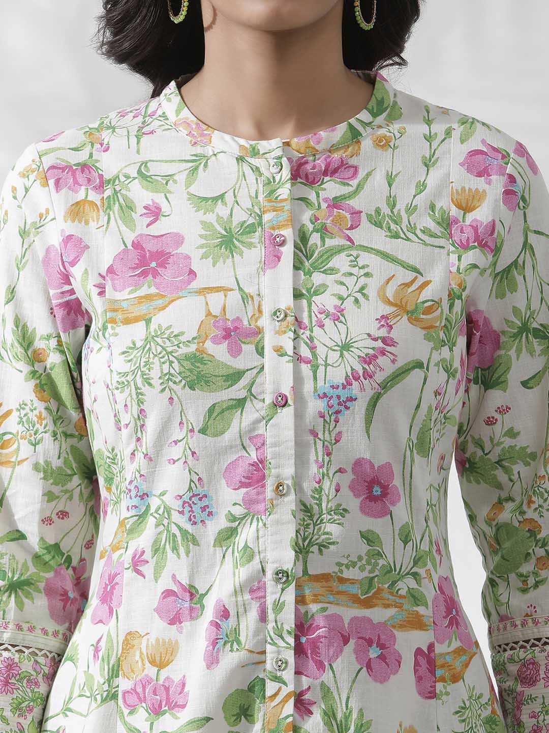 W Off white Floral Printed Cotton Kurta