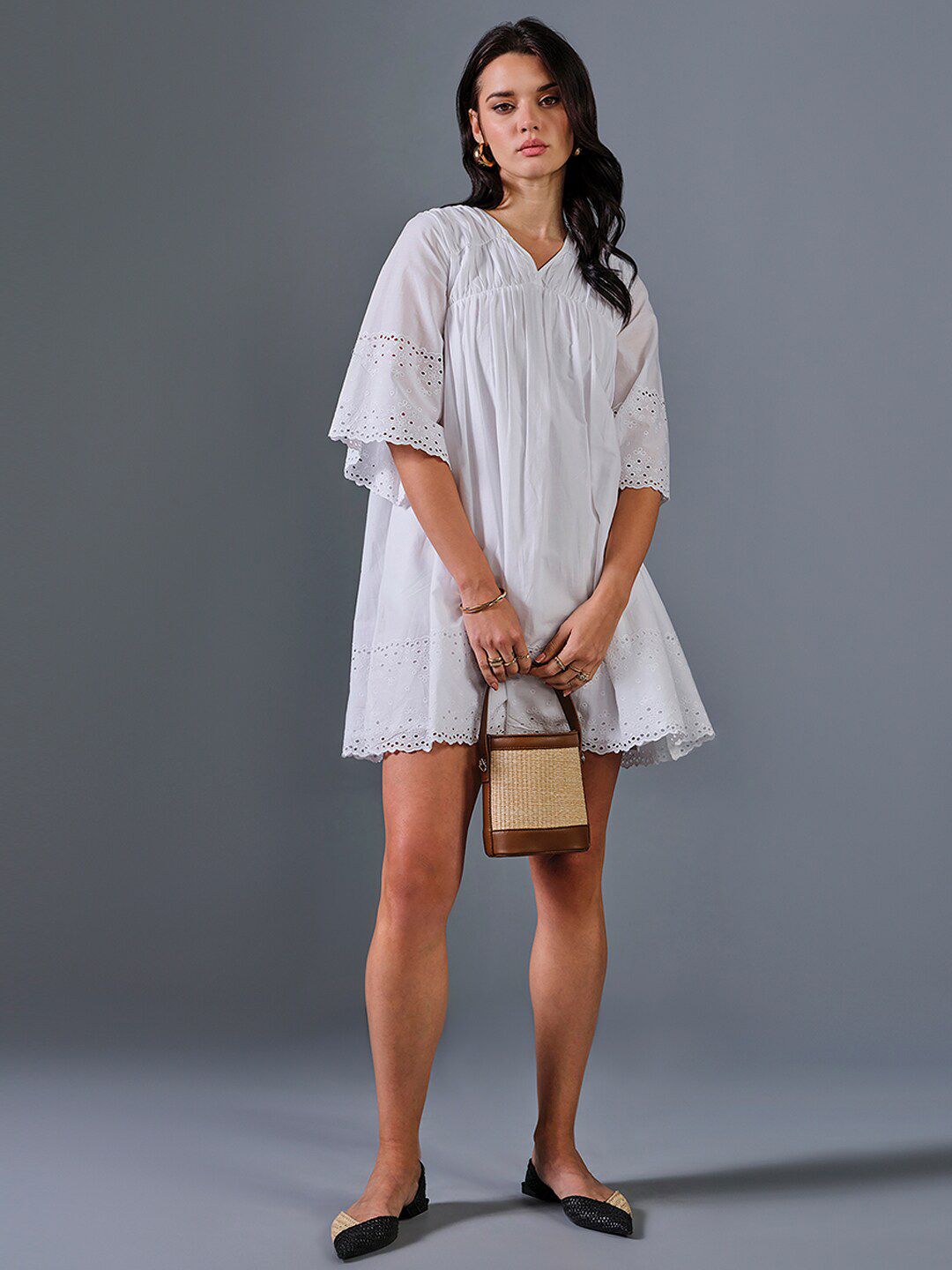 AND Striped V-Neck Bell Sleeve A-Line Dress