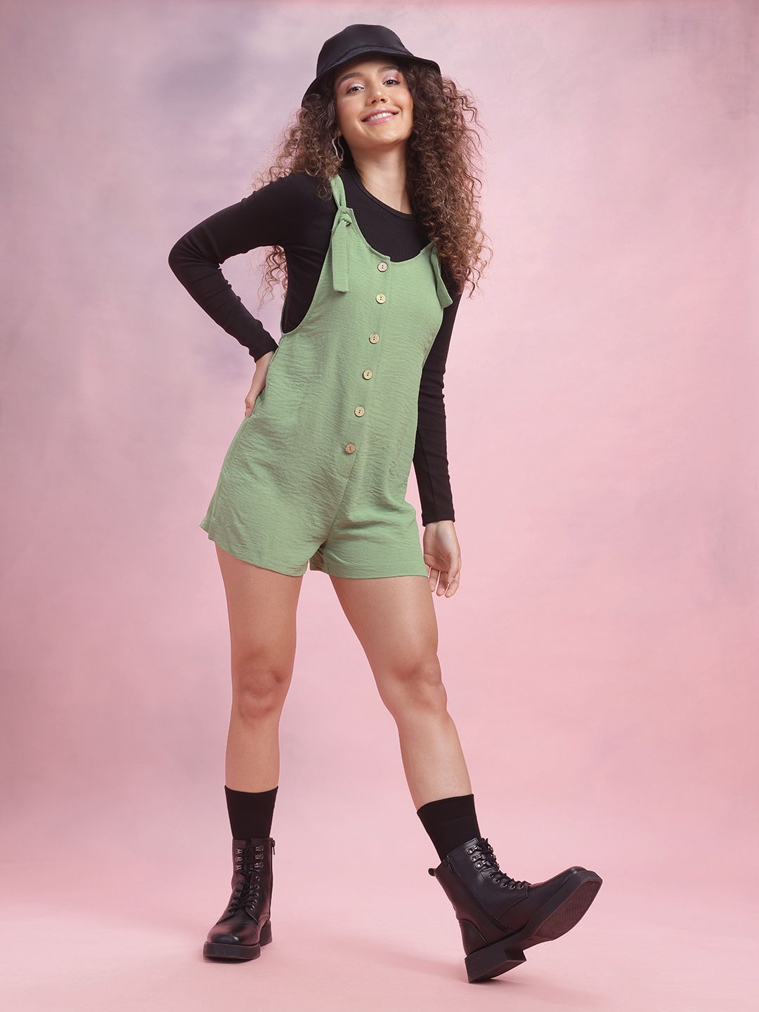 DressBerry Crinkled Effect Shoulder Straps Playsuit with Mock Buttons