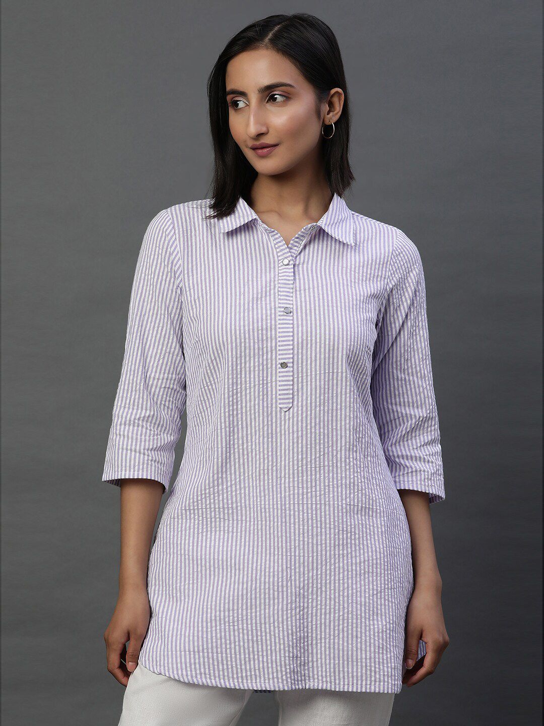 AURELIA Striped Shirt Collar Pure Cotton Kurti