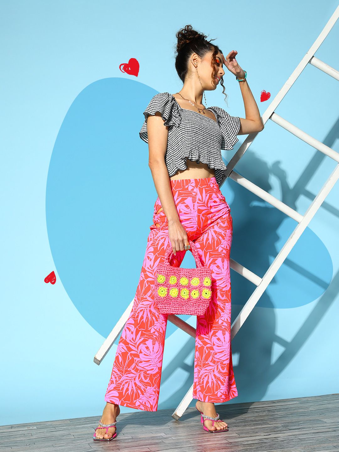 Berrylush Women Red Floral Printed Flared High-Rise Trousers