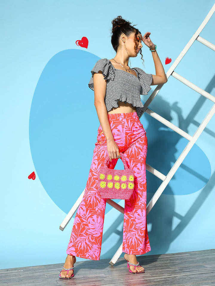 Berrylush Women Red Floral Printed Flared High-Rise Trousers