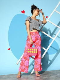 Berrylush Women Red Floral Printed Flared High-Rise Trousers