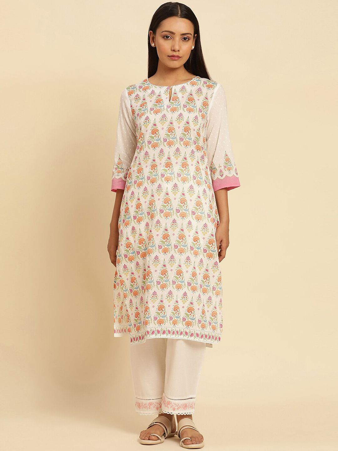 W Ethnic Motifs Printed Keyhole Neck Pure Cotton Straight Kurta