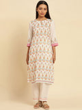 W Ethnic Motifs Printed Keyhole Neck Pure Cotton Straight Kurta