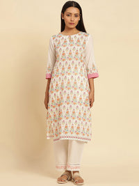 W Ethnic Motifs Printed Keyhole Neck Pure Cotton Straight Kurta