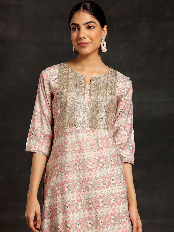 Libas Beige Ethnic Motifs Printed Sequinned Straight Kurta With Palazzos & Dupatta