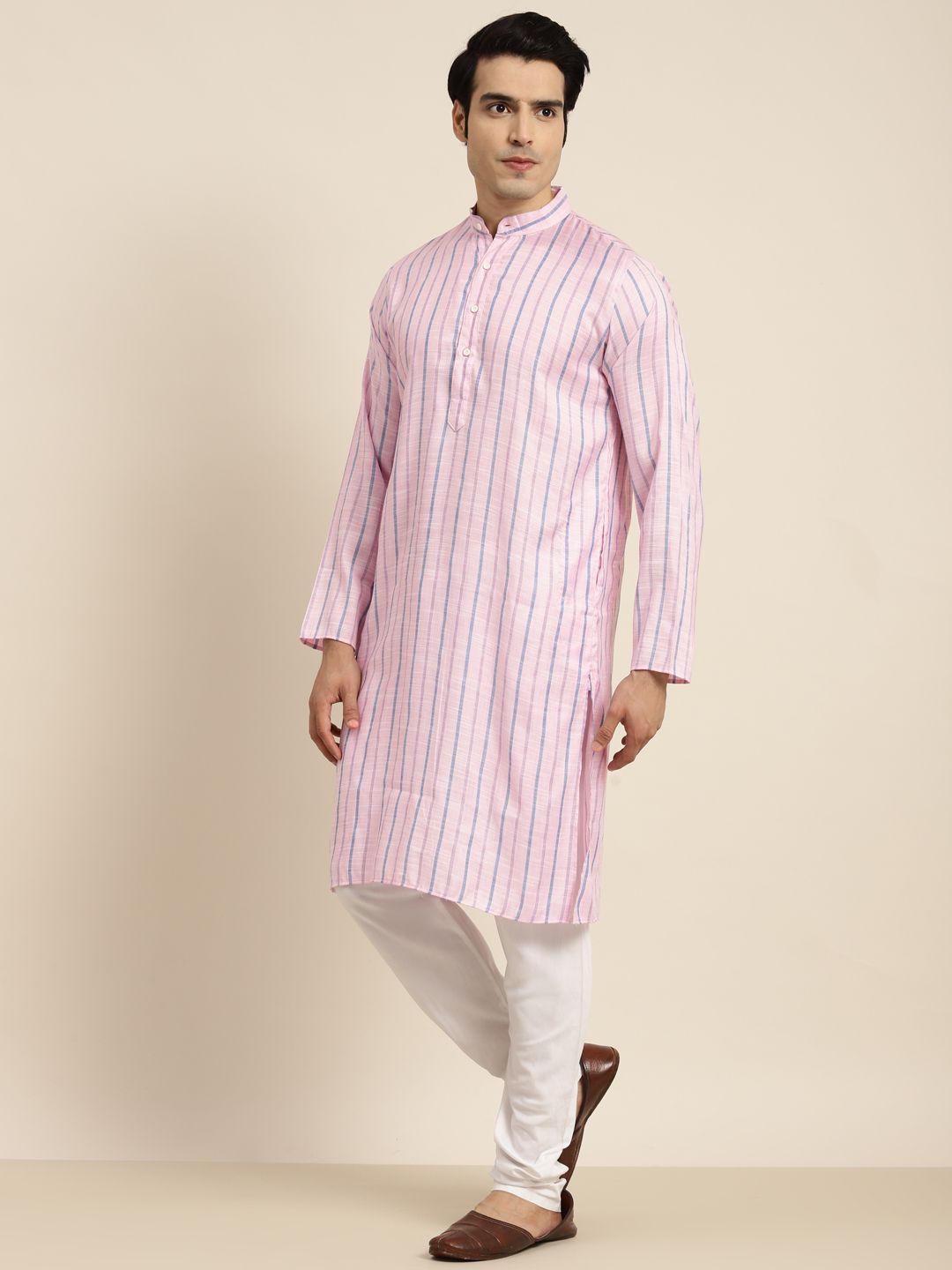 Anug by SOJANYA Men Pink & Blue Striped Kurta