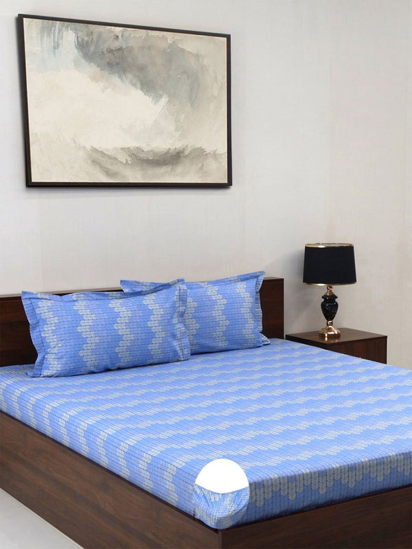 BOMBAY DYEING Blue & White Floral Cotton 144 TC Queen Bedsheet Set-1.52 m X 1.98 m X 30 cm