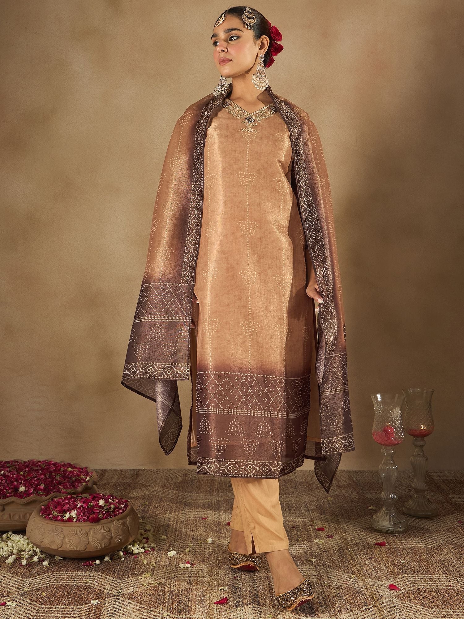 Indo Era Floral Embroidered Embellished V-Neck Straight Kurta with Trouser And Dupatta