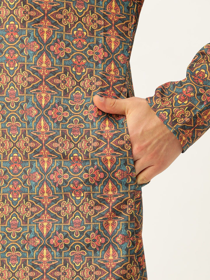 SOJANYA Men Teal Green & Pink Printed Straight Kurta